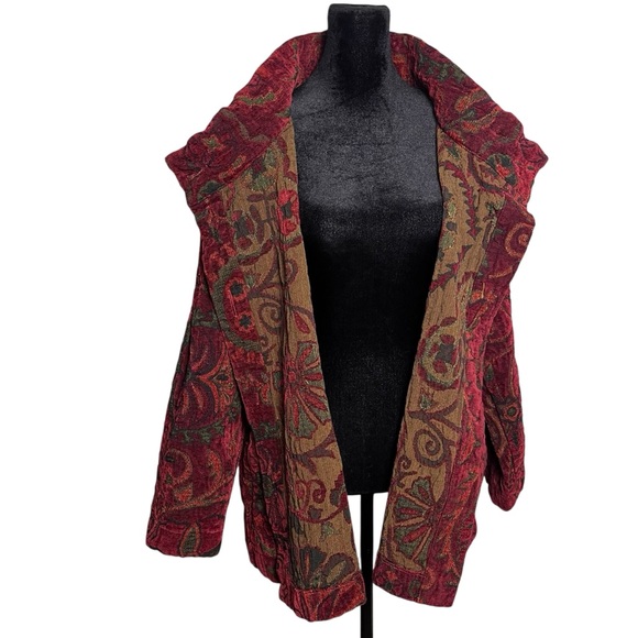 Habitat XL Red Tapestry Jacquard Jacket Artsy Boho Button Front Stand Collar - Picture 9 of 13